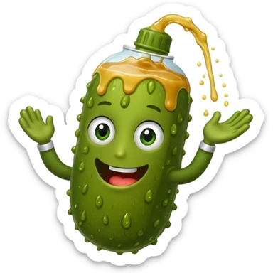 a cartoon pickle with juice squirting from the top of it, being squeezed by a hand sticker