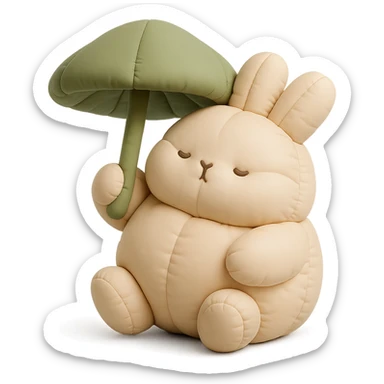chubby bunny holding a mushroom umbrella, pastel beige and moss green, cushion style sticker