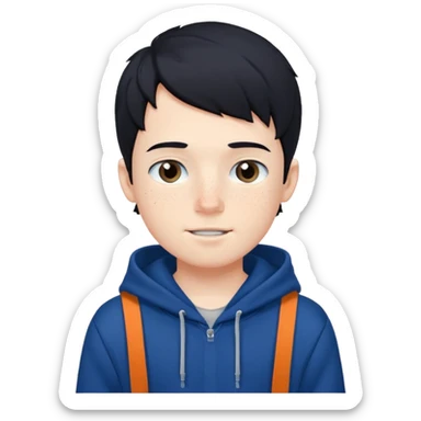 A boy like felix of straykids in his hair, he has the color hair black, he has freckles, his skin is white, he has a brackets, he wears a blue dark hoodie sticker