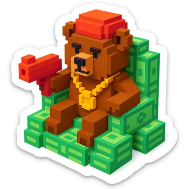 Russian grizzly bear with a rapper chain and a money gun, sitting on a throne of cash sticker