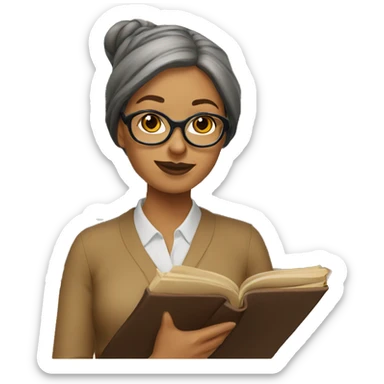 Woman librarian bun brown glasses with a book sticker