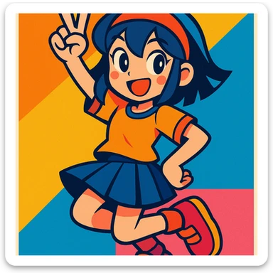 a girl with a headband, playful pose, vibrant anime-inspired style sticker