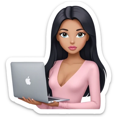 Glamours, tanned, very beautiful girl, with big pump peach-beige-rose lips, long lashes, black straight smooth silky long hair, straight parting hair, blue-grey eyes, in light-pink v-neck bodysuit holding MacBook sticker