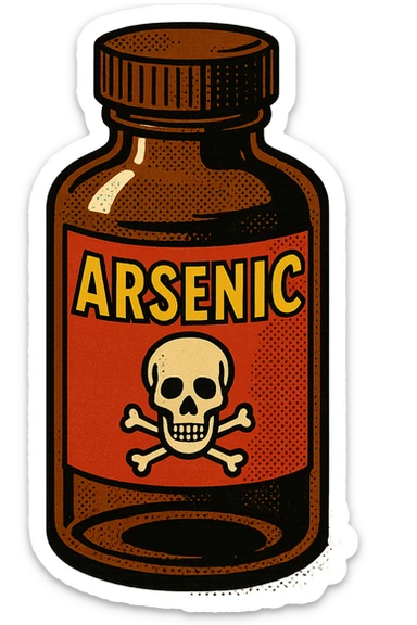 A closed medicine bottle with the word arsenic written on the bottle with a poison symbol sticker
