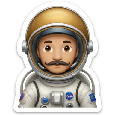 Mustached astronaut man holding helmet sticker