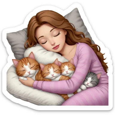 girl with long wavy brown hair, brown eyes, long lashes makeup, sexy pink lips, light to medium complexion,  sleeping on a cozy pillow, with 6 cats: 1 brown and white tabby cat, 1 ginger and white, 2 grey and white, 1 grey with white mittens and small white patch on chest and 1 calico, sleeping sticker