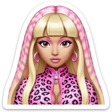 Nicki Minaj in pink and white leopard print outfit from Super Bass music video with bangs and split-dyed hair blonde on left side pink on right side sticker