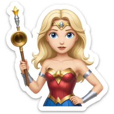 Blonde blue eyed Wonder Woman holding white orchestra conductor’s baton and bell  sticker