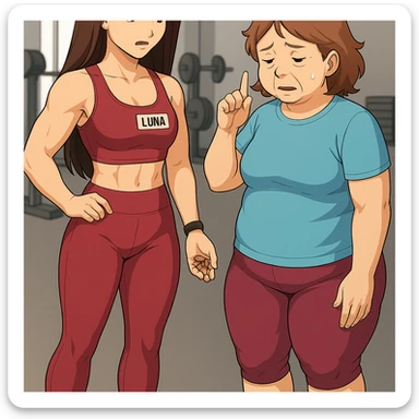 prendi spunto da queste immagini per fare: fai un webtoon/manga a colori con questa personal trainer (falle la scritta "LUNA" SU UNA TARGHETTA APPOSTA SUL TOP SPORTIVO CHE HA), che parla IN PALESTRA con una sua cliente che ha cellulite ed è leggermente in sovrappeso. LA SIGNORA è IN ABITI SPORTIVI E ascolta la trainer con attenzione guardandola allarmata. LUNA le dice di stare attenta mentre le mostra con espressione di rimprovero una manciata di mandorle. NON FARE I FUMETTI, FAI SOLO LORO COME SE DIALOGASSERO. FAI LE DUE FIGURE A FIGURA INTERA CON IL CORPO INTERAMENTE VISIBILE sticker