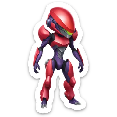 a shiny red Genesect-Raptor-Fakémon—hybrid with a futuristic visor-helmet full body sticker