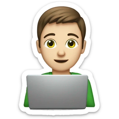 caucassian young man with short brown hair and green eyes working on laptop sticker
