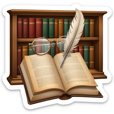 An icon featuring an open book with classic text, a feather quill, and reading glasses, symbolizing literary studies. The design includes old library shelves and vintage manuscripts in the background. Transparent background emphasizes the deep analysis of written works and literary history. sticker