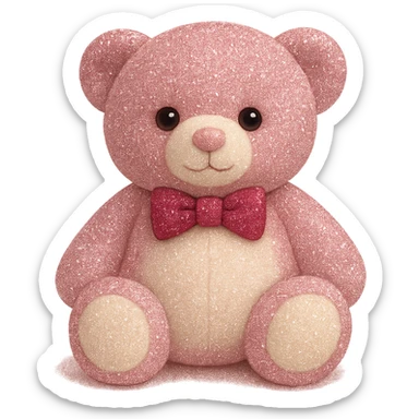 Add a touch of glitter to the teddy bear and its bow tie, keeping the pink and white fur, flat lighting, no shadows or background, soft plush look, maintain transparency. The style should reflect a soft plush teddy bear with pink and white fur and a glittery bow tie, with flat lighting and no shadows or background. sticker