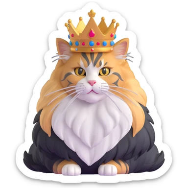 majestic calico maine coon cat with fluffy mane wearing a royal crown sticker