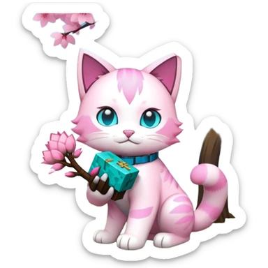 Cyan cat hold TNT from the game Minecraft standing under the sakura tree  sticker
