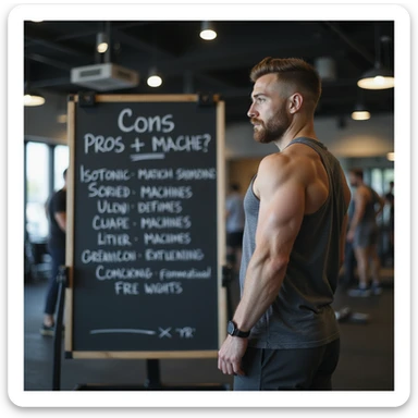man in modern gym with puzzled expression, observing a blackboard with pros and cons list between isotonic machines and free weights, wearing sportswear, atmosphere of choice, realistic details, 4K quality sticker