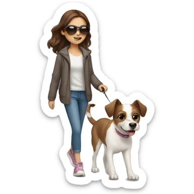 girl with brown hair with sunglasses taking her cute dog for a walk sticker