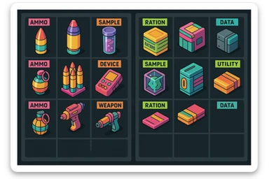 a virtual display, a gray grid with darker gray cells, each cell containing an item viewed in isometric minimalism render The cells have pastel neon colored labels in their upper corner, indicating various traits of the items. retrofuturism, circa 2880's.
The items are scientific and military in nature - varieties of munitions, scientific samples, rations, data storage, utilities. There are two arrays of grids, one left, one right. Each array has a few empty spaces at the bottom. "graphic realism." brutalism. the items are adorned in bright colors, neon-safety, early 90's pallete sticker