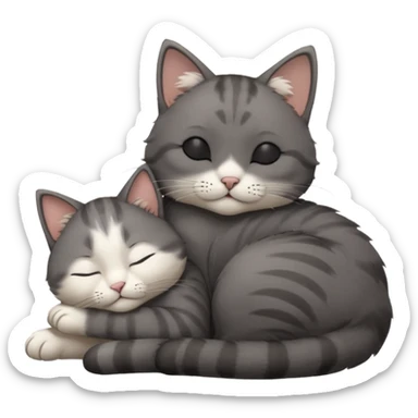 dark grey and white small cat with closed eyes, leaning his head on his paw while leaning on his elbow lying down sticker