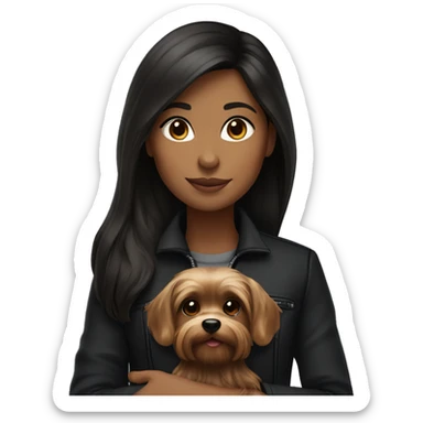 a slightly dark-skinned brunette girl with long hair in a black jacket, in her arms she holds a Yorkshire terrier puppy sticker
