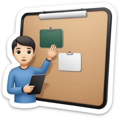 Minimalistic flat vector icon, iOS style, thin black contour on white background. Person silhouette with a project board (kanban/task board) behind. No text, no shadows.
 sticker