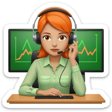 a woman sitting in the office, wearing a blouse and a headset. she is controling the limits on screen. green = ok, orange = am Limit, rot = überschritten sticker