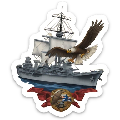A traditional American tattoo of an flying eagle with a world war 2 battleship  sticker