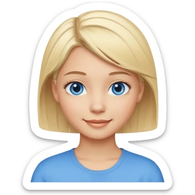 a girl light skin with blue eyes, blonde short hair and pretty sticker