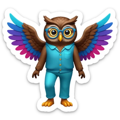 friendly anthropomorphised night owl with wings instead of arms, colourful pants and shirt, wearing glasses, walking upright, night owl features and colours, unique pose 1 sticker