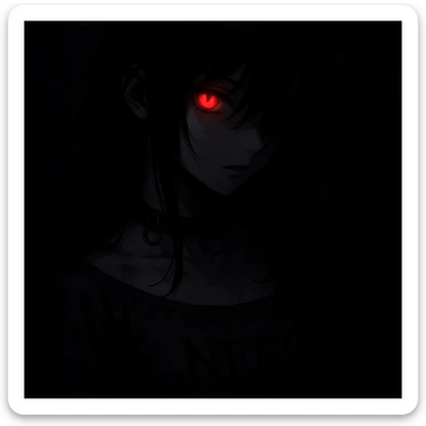 A mysterious anime girl in pitch-black darkness, with jet-black hair softly falling over her face as she turns slightly to her right. Her left eye glows with an intense crimson light, radiating menace and allure. She wears a dark leather necklace with metal rings, and her dress has the word 'NERO' engraved in sharp black script, enhancing her enigmatic presence. sticker