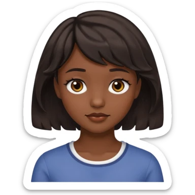 A pretty girl with dark brown eyes and short wavy dark hair with short side bangs and a neutral expression emoji sticker