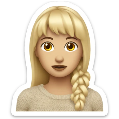 blonde woman with bangs brown eyes thinking about travel self knitted clothes sticker