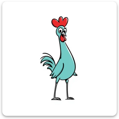 A silly cross-eyed rooster chicken with bright blue-green feathers, red comb, long neck, skinny legs, and confused expression sticker