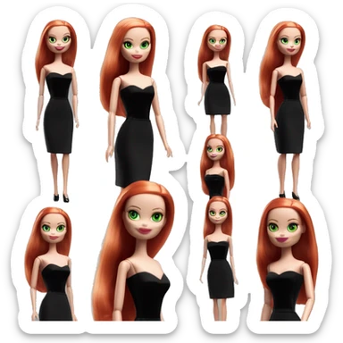 Bunny Wednesday Addams Barbie dancing.  Green eyes with light complexion face. Longer red hair. black flowing strapless tight evening gown with  plunging neckline that’s off-the-shoulders that also shows her legs and black shiny velvet high heel shoes. sticker
