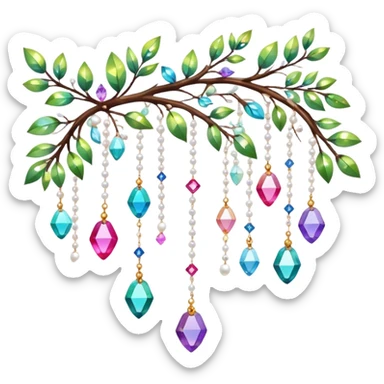 Exotic colorful romantic Few cute tiny Iridescent glistening glossy sparkly shiny glittery hanging crystals pearls and beads and gemstones scenery scenic decorations with branches and flowers sticker