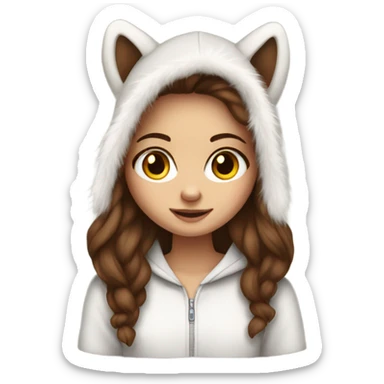 White skinned girl with long brown hair and fur hoodie sticker
