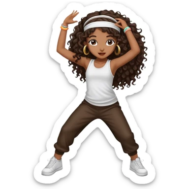Dancing dark brown girl with long darn brown curly hair with headband hip hop sticker