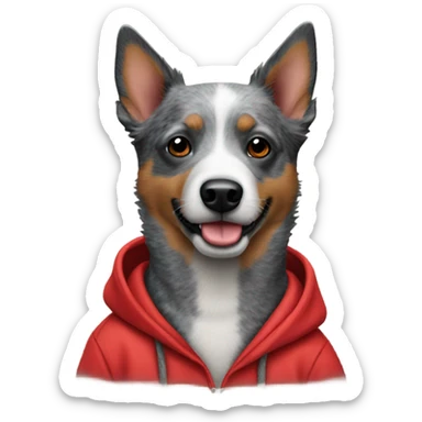Blue heeler wearing a red hoodie sticker
