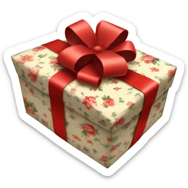  gift wrapped in vintage floral paper, topped with a thin red ribbon bow. sticker