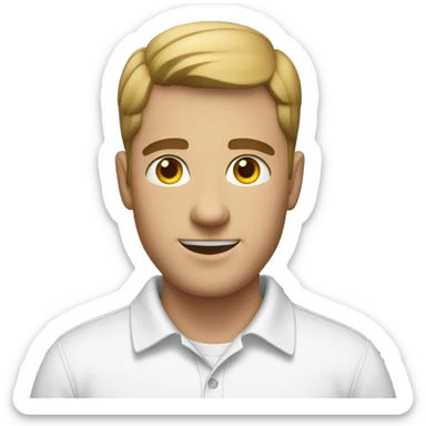 a white male in his 30s with a short haircut, wearing a white polo shirt sticker