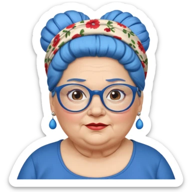 fat old woman with blue big bun hair and glassess and headband, no earrings sticker