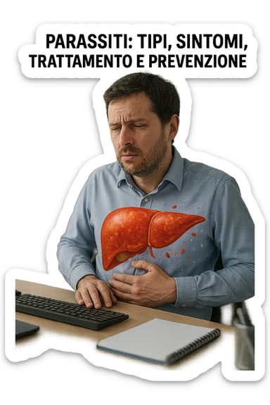 Man sitting at office desk experiencing subtle symptoms of liver dysfunction, upper abdominal pain, nausea, and unexplained fatigue Parasites: Types, Symptoms, Treatment & Prevention, expression of confusion about vague health issues, liver shown in transparent overlay with early inflammation, toxins beginning to accumulate in bloodstream, productivity declining as liver struggles to filter properly in italiano sticker