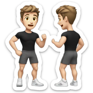 amazed Open with surprise mouth Pale skinned Fit Man With the biceps and dark brown hair in black shirt, gray sports shorts and white Sneakers sticker