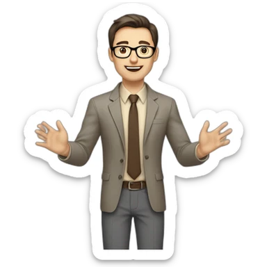 To belt Actively gesturing with hands Pale skinned fit man teacher with dark brown hair in gray jacket, beige office shirt, brown tie, brown pants and vintage glasses. sticker