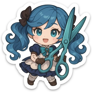 chibi style Gwen from League of Legends with oversized scissors, cute expression, blue hair, stitched doll details sticker