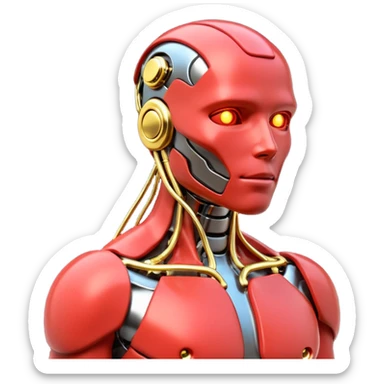 3D render of Neural Link, futuristic cyborg aesthetic, fusion of organic skin and chrome metal, gold brass valves mixed with red muscle tissue, exposed wiring, emoji style, isolated on white background --v 6.0. sticker