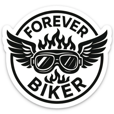 circular transparent background design for motorcycle cap, text 'FOREVER BIKER', motif: motorcycle goggles, wing, flame, modern style sticker