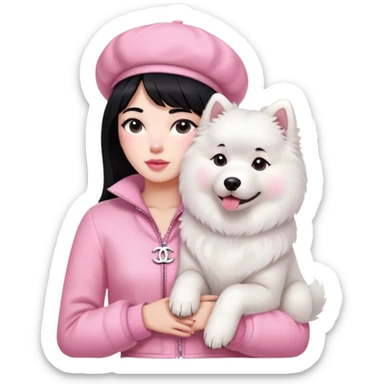 Black-haired girl in pink Chanel-style outfit with white Samoyed dog sticker