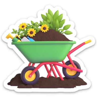 wheelbarrow with soil fertilizer and gardening tools sticker