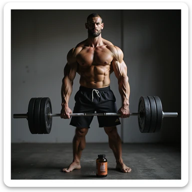 realistic muscular athlete doing deadlifts, dosage chart and bottle of AAS near feet, serious and thoughtful look, isolated on white background sticker